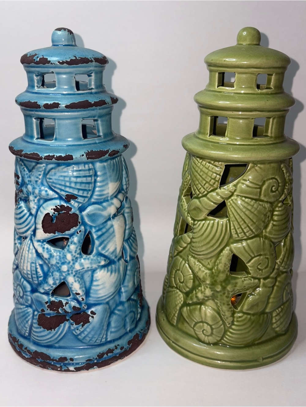 Pair of Lighthouse Battery Operated Light Up Figures with Seashell Design